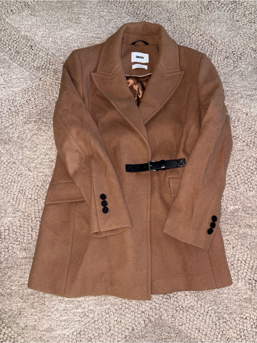 DKNY Camel Wool-Blend Pea Coat with Black Belt